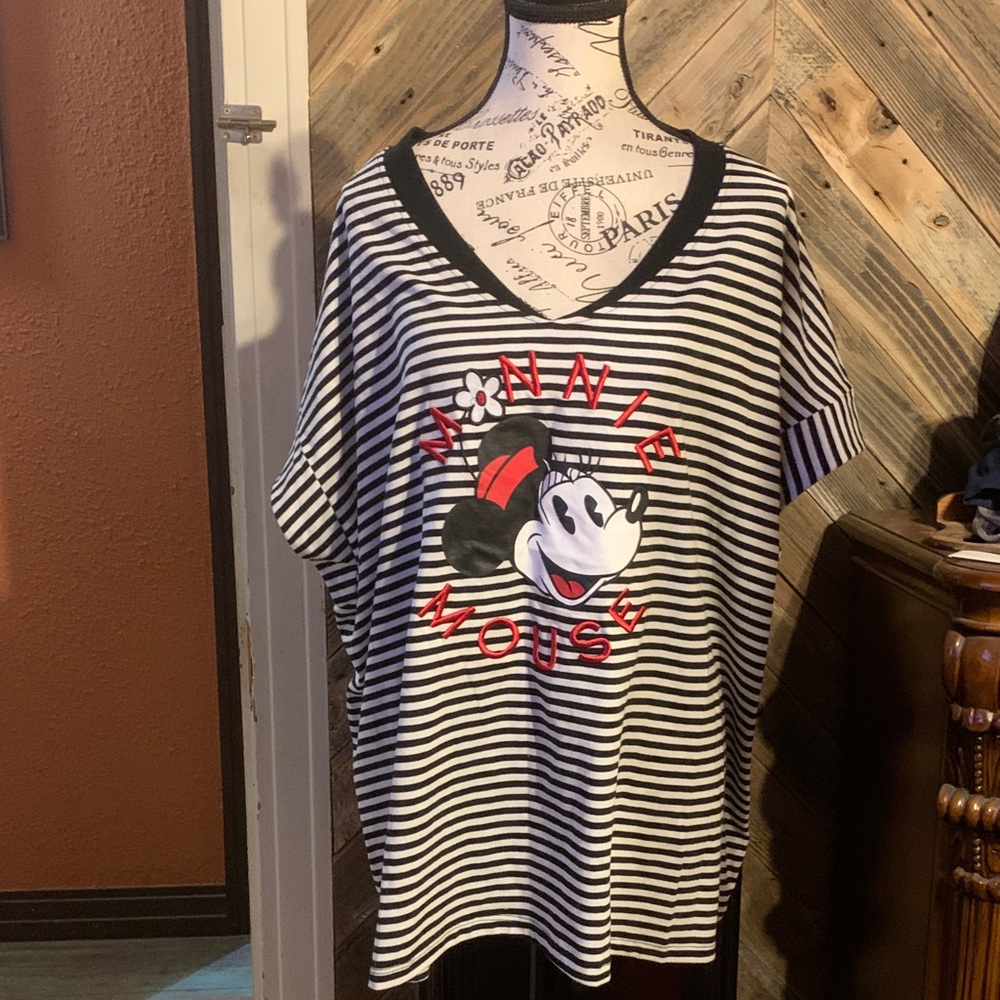 Disney Black & White Striped Minnie Mouse V-Neck Top with Red Accents